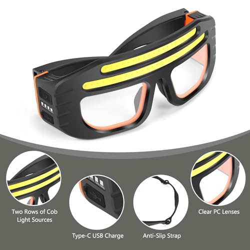 LED Glasses Rechargeable Headlight with COB Light and Clear PC lens, Hands-Free Flashlight Glasses for Mechanics, Night Running Cycling Camping Fishing - Water Resistant Headlamp for Adults