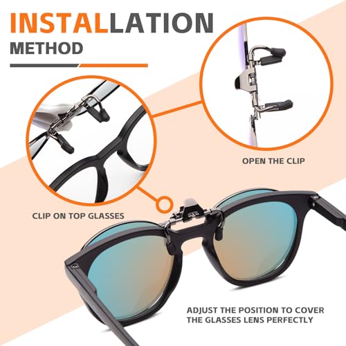 JO Polarized Clip-On Sunglasses UV400 Anti-Glare Lenses with Metal Frame Round - color: Blue, size: 50 mm