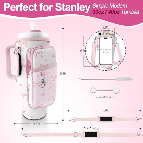 Water Bottle Carrier Bag for Stanley Cup 40oz/30oz with Phone Pocket, Neoprene Water Bottle Holder with Adjustable Shoulder & Handle Strap, Stanley Cup Accessories for Walking Travel Gym - color: Pink Bow