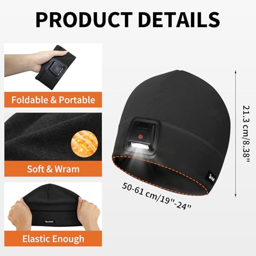 Taximi Led Beanie with Light, USB Rechargeable Headlamp Beanie, Fleece Flashlight Hat for Running, Gift for Men Dad Husband - color: Black