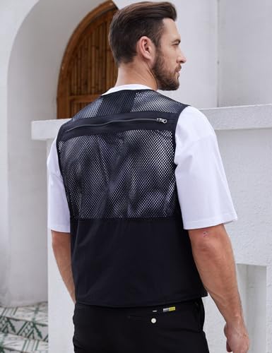 Gihuo Men's Fishing Vest Utility Safari Travel Vests with Multi Pockets - color: Black-mesh, size: Medium