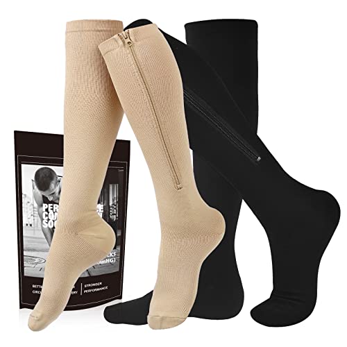cerpite Zipper Compression Socks, 2 Pairs 15-20 mmHg Closed Toe Compression Stockings for Men Women - color: Black/Beige, size: Large-X-Large