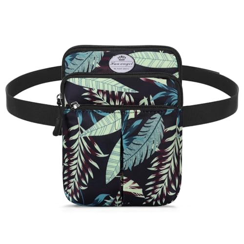 HUA ANGEL Multifunctional Fanny Pack for Men & Women Lightweight Waist Bag with 3 Zip Compartments, Cross body bag for Running Walking Sport Travel - color: Black leaves