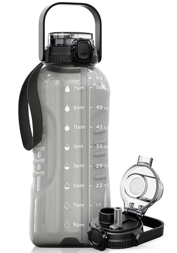 AQUAFIT 64 oz Water Bottle with Handle, 2in1 Lid - color: Gray