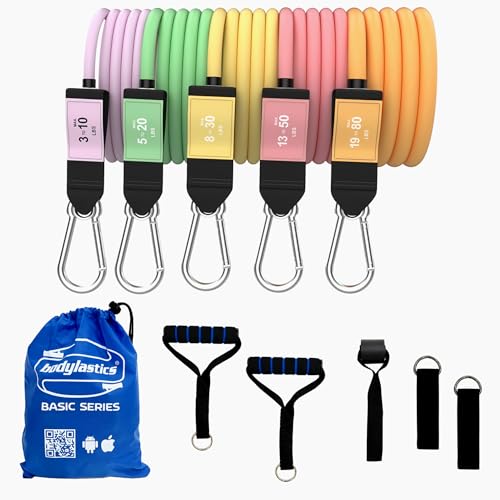 Bodylastics Patented Basic Series Resistance Band Set - Resistance Bands with Snap Reduction Tech, 2 Handles, 2 Ankle Straps, 1 Door Anchor & 1 Carry Bag - color: BASIC 3-190LBS Set Pastel