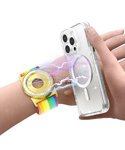 BAISRKE Magnetic Running Armband for MagSafe Case - 360° Rotatable Phone Grip with Adjustable Scent Compartment & Detachable Lanyard Compatible iPhone/Android (Rainbow & Gold) - color: Rainbow&Gold, size: Regular (fits Wrist/Armband up to 9")