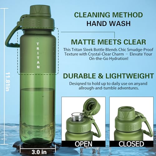OLDLEY 32oz Water Bottle with Handle, BPA-Free Tritan Reusable Sports Water Bottle with Leak-Proof Dust Lid, Wide Mouth, Cup Holder Friendly, Half Frosted Clear Bottle for Gym,Travel,Work,Olive Green - color: Olive Green