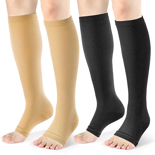 Toeless Compression Socks 15-20 mmHg, 2 Pairs open toe Knee High Support - color: C - Black/Beige, size: 4X-Large