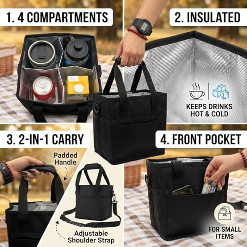 Drink Carrier Bag, 4 Compartment, Insulated Drink Carrier – Water Bottle Holder with Strap, Padded Handle Grip, Family Picnic Cooler Bag for Travel, Commute (Black) - color: Black