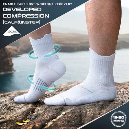 Rahhint CoolMax Quarter Compression Running Socks for Men Women, Wicking Cushion Athletic Hiking Socks 3 Pairs - color: White, size: 3-6