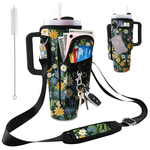 Stanley Carrier Bag for Stanley 40oz/30ozTumbler with Phone with 2 Adjustable Strap,3 Pockets Bottle Stanley Cup Carrier Bag & Case,Accessories for Hiking Travelling - color: Flower and Black Cat