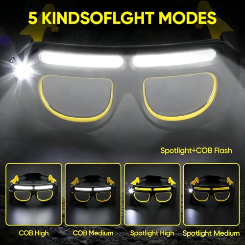 LED Headlight Glasses Rechargeable Headlight Glasses with Motion Sensor & Touch Control, Adjustable Safety Eyewear - color: Yellow-2