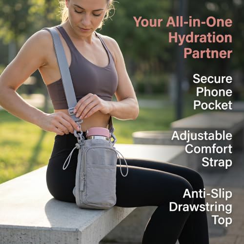 Bokelai Water Bottle Holder Bag with Strap Lightweight Crossbody Carrier Sling Bag for Hiking Camping Travelling Water Bottle Sleeve Gym Accessories - color: Light Grey