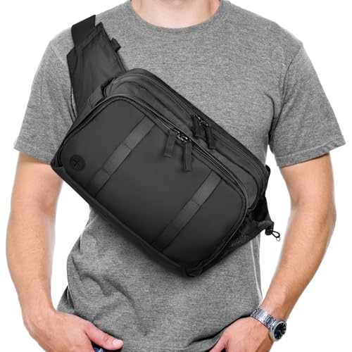Large Crossbody Waist Bag Tactical Fanny Pack for Men Hip Bum Bag with Water Bottle Holder Adjustable Belt, Workout Traveling Casual Running Hiking Cycling - color: Black