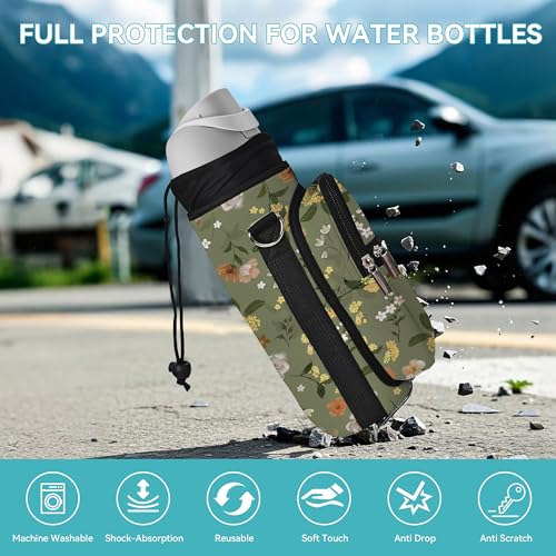 25/32/40/64oz Water Bottle Bag Holder Carrier-Insulated Crossbody Sling Case Sleeve with Strap & Pockets for Men Women Gym Cycling Travel Walking Hiking Camping - color: Green, Flowers, size: 25oz