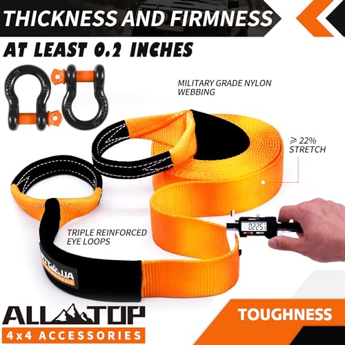 ALL-TOP Extreme Duty Tow Strap Recovery Kit: 4inch x 30ft (46,500lbs) 100% Nylon and 22% Elongation Snatch Strap + 3/4 Heavy Duty D Ring Shackles (2pcs) + Storage Bag - size: 4" x 30' Kit