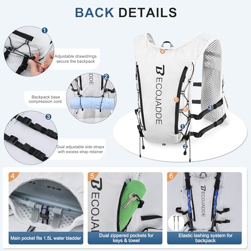 BECOJADDE Running Vest for Women Men, 5L/6L Lightweight Hydration Backpack Running Pack for Marathon, Trail, Cycling, Hiking, Jogging - color: White