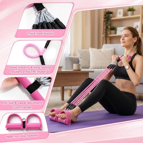 Arrowbash Upgrade 6 Tubes Foot Pedal Resistance Band Adjustable Pedal Puller Resistance Band with Handle Multifunction Fitness Bands for Men Women Abdomen Arm Leg Stretching - color: Pink, size: 150 Lbs