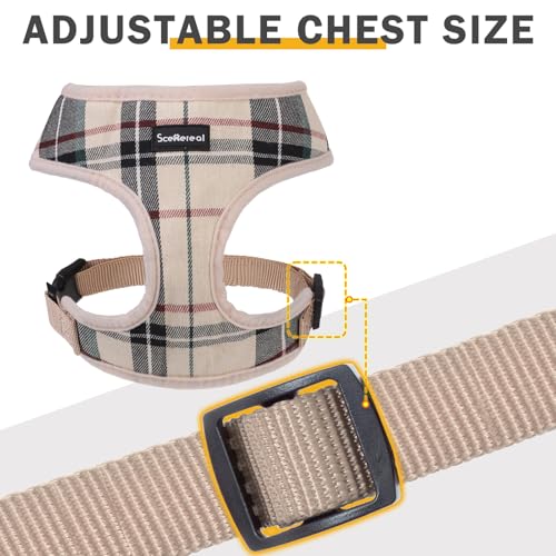 SCENEREAL Small Dog Harness and Leash Set, Plaid Beige, M - color: Beige, size: M: Chest Girth: 17"-21"