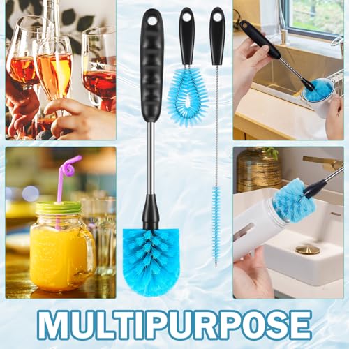 12.2 inch Bottle Brush Set of Three，Washable Coffee Cups, Water Bottles, Baby Bottles, Straws, to-go Cups, Long-Handled 3-in-1 Stainless Steel Bottle Brushes. (Blue)