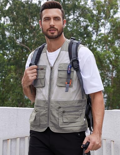 Gihuo Men's Utility Vest Fishing Safari Vest Summer Travel Vest with Pockets - color: Beige, size: Large