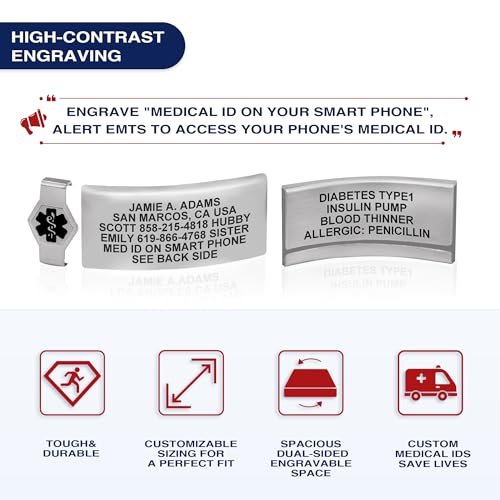 Divoti Custom Dual-Sided Engraved Silicone Medical Alert ID Wristband w/Security Clasp & Trim-to-Fit Band - Style - color: Carmella Blue / Brushed Stainless Silver / Black, size: Band Width - 19mm