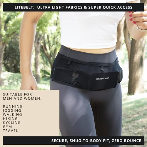 Build & Fitness LiteBelt Running Belt – 4 Quick Top-Access Pockets –Flip Waist Pack, Running Phone Holder – Fits All Size Phones, Keys, Cards, Earpods, GUs – for Men and Women (Black, L) - size: Large