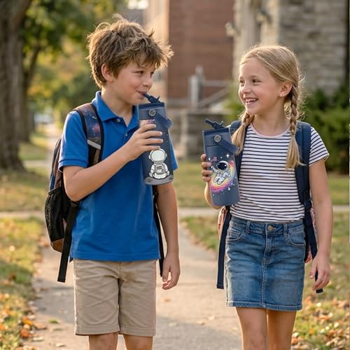 14 oz Insulated Water Bottle with Straw Lid and Handle, Stainless Steel Leak Resistant Travel Bottle for Lunch, Backpack, Camping, Navy Space - color: Universe