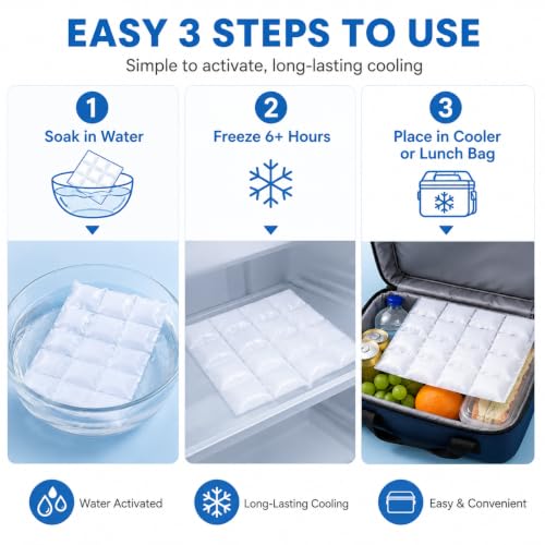 Water Activated Ice Pack Sheets, 4 Pack Reusable Self-Absorbing Freezer Packs, 12-Cell Flexible Gel Ice Packs, 11.2 x 8.3 in, for Coolers, Lunch Bags, Shipping, Cold Compress