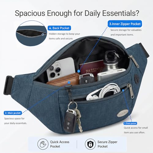 Entchin Water-Resistant Fanny Pack, 4-Zipper Belt Bag - color: Blue