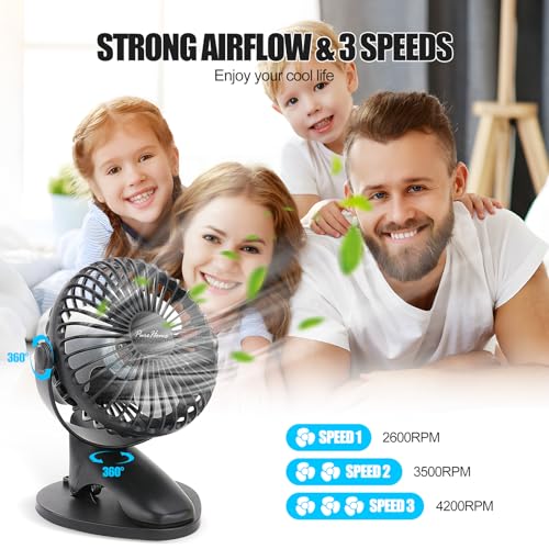 Portable Clip Fan Battery Operated,3 Speeds USB Rechargeable Mini Table Fan with Strong Airflow,360°Rotation Ultra Quiet Personal Desk Fan for Home Office Bedroom Dorm Stroller Camping(Black) - color: Black