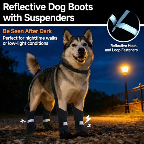 Dog Suspender Boots Reflective & Waterproof – Winter Dog Shoes - color: Black, size: X-Large