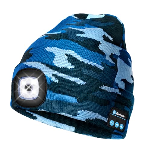 Wmcaps Bluetooth Beanie with LED Light and Headphones, Christmas Tech Gifts - color: Camouflage Deep Blue