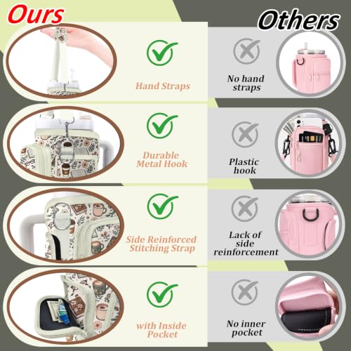 Water Bottle Carrier Bag for Stanley 40/30oz Cup Tumbler with Phone Pocket,Insulated Crossbody Water Bottle Holder with Adjustable Strap,Water Bottle Sling Pouch for Hiking Walking Camping Accessories - color: Cafe Books Flowers