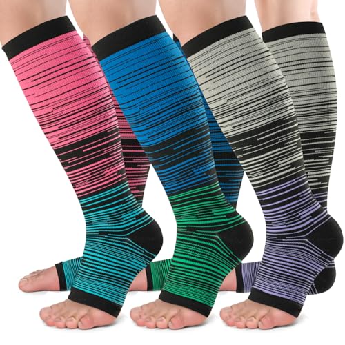 bropite Open Toe Compression Socks for Women，3 Pairs Toless Knee-High Socks - color: B-stripe Open, size: XX-Large