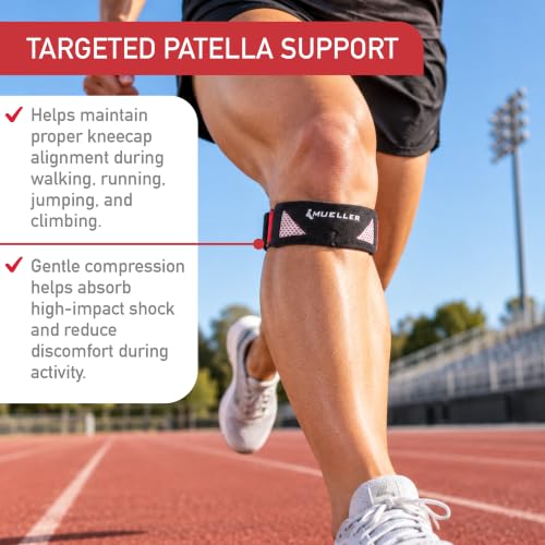 MUELLER Sports Medicine Advanced Patella Strap for Men and Women, Knee Compression and Pain Relief Support, Ideal for Osgood-Schlatter's, Runner's Knee, Patellar Tendinitis, Black, One Size