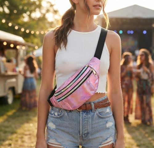 Fanny Pack Unisex Holographic Horizontal Waist Bag Waterproof Adjustable Belt Laser Fashion Sports Shining Fanny Bag(Pink) - color: Pink4