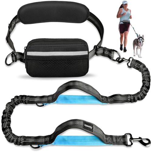 Uppetly Hands Free Dog Running Leash with Zipper Pouch, Dual Handle, Elastic Bungees Retractable Rope for Medium and Large Dogs, Waist Bag Pack Carry Phones for Walking Hiking Biking (Large, 25-120lb) - size: Large