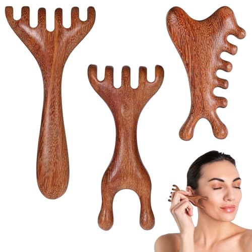 3 Pack Wooden Massager Comb Gua Sha Scraping Massages 6 Claws Meridian Massager Double Head Massage Rake Foot Massagers Tools with Long Handle for Head Neck Back Legs Feet