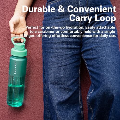 OLDLEY 32oz Water Bottle with Handle, BPA-Free Tritan Reusable Sports Water Bottle with Leak-Proof Dust Lid, Wide Mouth, Cup Holder Friendly, Half Frosted Clear Bottle for Gym,Travel,Work,Mint Green - color: Mint Green