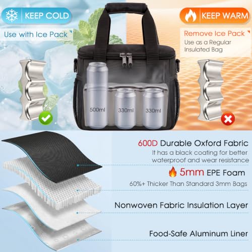 Insulated Lunch Bag with Reusable Stainless Steel Ice Pack, Cooler for Drinks, Meals and Snacks, for BBQ, Picnic, Camping and Road Trips