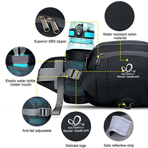 WATERFLY Fanny Pack Waist Bag: Fannie Pack 2 Water Bottle Holders Lumbar Belt Hiking Walking Running Jogging Camping Large Woman Man (Bottle Not Included) - color: Black