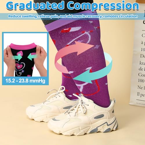 Jspupifip 6 Pairs Plus Size Compression Socks for Women, Wide Calf - color: Black White Blue Pink Purple, size: XX-Large