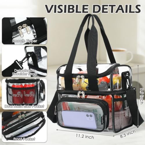 FlowFly Double Layer Cooler Insulated Lunch Bag Adult Lunch Box Large Tote Bag for Men, Women, With Adjustable Strap,Front Pocket and Dual Large Mesh Side Pockets - color: Clear#Black