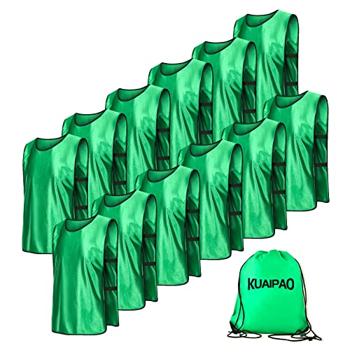 KUAIPAO 12 Pieces Soccer Pinnies Scrimmage Vest Team Practice Jerseys Sports Pinnies With Free Carry Bag - color: Grass Green, size: Medium