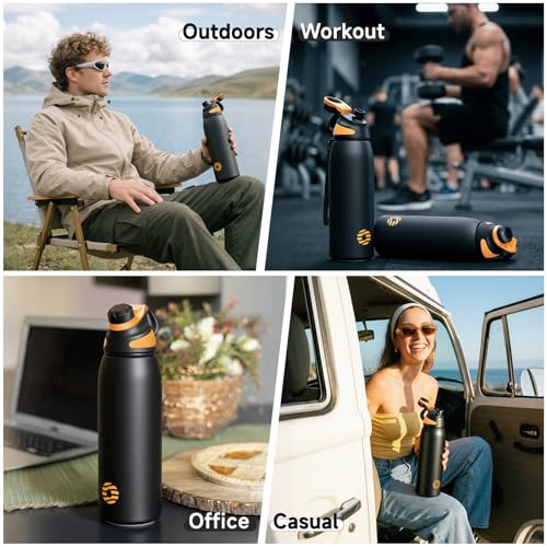 Fjbottle 32oz Stainless Steel Insulated Water Bottle No Straw Spout Lid - color: Classic Black, size: 32 Ounces