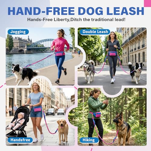 Hands Free Dog Leash with Pouch, Bungee, Waist Belt and Dual Handles - color: White