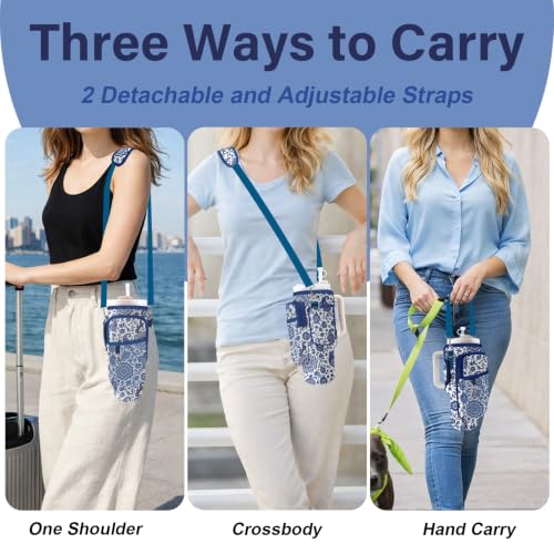 Water Bottle Carrier Bag for Stanley Cup 40/30oz, Neoprene Water Bottle Holder Pouch with 3 Pocket Adjustable Shoulder & Hand Strap - color: Blue Mandala Paisley