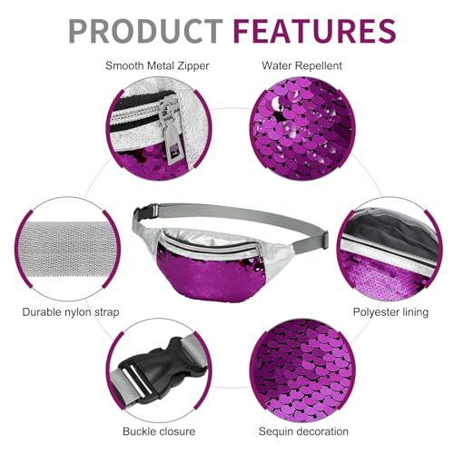 Holographic Sequined Fanny Packs for Women, Waist Belt Bag Fashion, Crossbody Bum Bag for Running, Purple - color: Purple