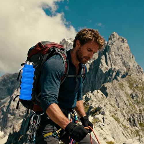 Collapsible Water Bottle 16 oz - Reusable Silicone, Eco-Friendly, BPA-Free, Leak-Proof, Comes with a Carabiner Portable Collapsible Design, Suitable for Gym, Travel, Camping, Hiking, Sports